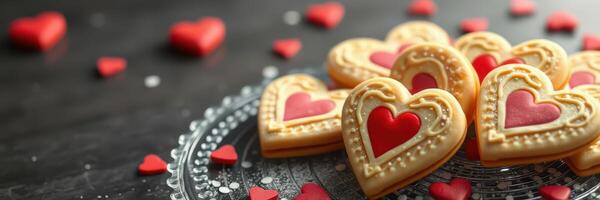Heart-shaped cookies arranged on a decorative plate surrounded by small red hearts for a festive occasion photo