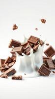 Chocolate pieces splashing in white milk create a delightful contrast in motion and texture photo