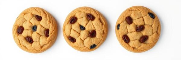 Three freshly baked cookies displayed on a clean surface with chocolate chips and patterns featuring morsels on top photo