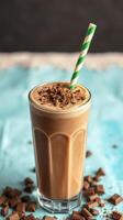 Chocolate milkshake topped with chocolate shavings and served with a green straw on a light blue background photo