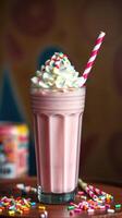 Colorful milkshake topped with whipped cream and sprinkles served in a tall glass on a wooden table photo