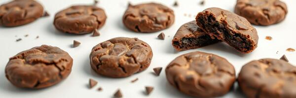 Delicious chocolate cookies arranged neatly with some crumbled pieces and chocolate chips scattered around photo