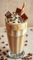 Delicious chocolate milkshake topped with whipped cream and toppings in a glass photo