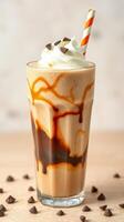 Creamy chocolate shake with whipped cream and chocolate chips in a clear glass photo