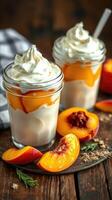 Fresh peach parfaits served in mason jars with whipped cream in a rustic setting photo