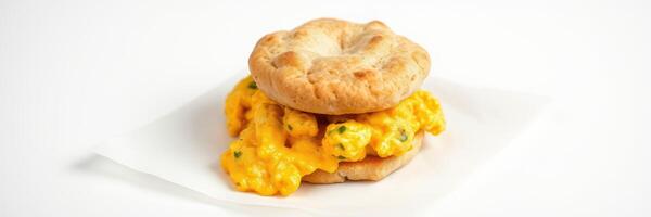 Tasty breakfast biscuit sandwich with scrambled eggs and cheese on a white background photo