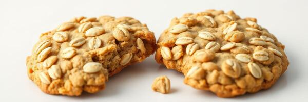 Freshly baked oat cookies broken in half, showcasing their chewy texture and nutty flavor photo