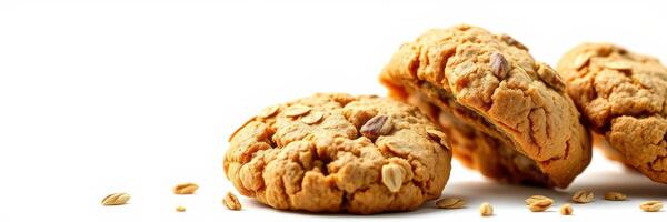 Freshly baked oatmeal cookies arranged on a white background with scattered oats photo
