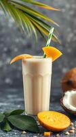 Refreshing tropical smoothie with mango and coconut presented on a textured background with green foliage photo