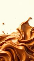 Rich brown liquid swirls and splashes against a cream background creating a dynamic visual display of texture and motion photo