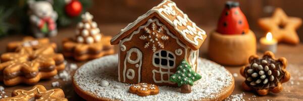Gingerbread house surrounded by festive cookies and decorations perfect for the holiday season photo