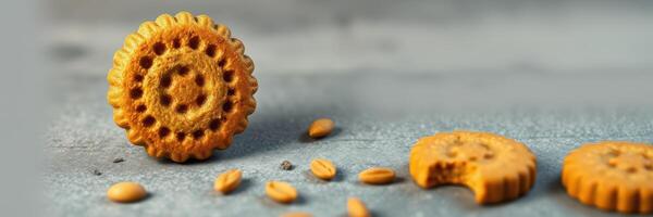Delicious round cookies with intricate designs and scattered crumbs on a textured surface photo