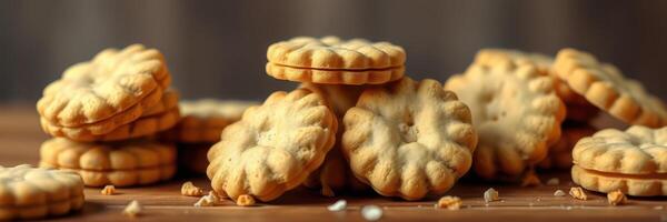 Cookies arranged on a wooden surface creating a warm and inviting atmosphere for snacks or desserts photo