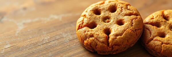 Freshly baked cookies placed on a wooden surface with a rustic background during afternoon light photo