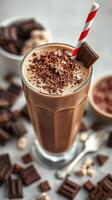 Delicious chocolate shake topped with grated chocolate and a red striped straw served in a tall glass photo