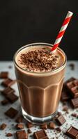 Creamy chocolate shake topped with chocolate shavings and a striped straw on a textured surface photo