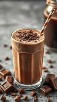 Delicious chocolate milkshake served with chocolate pieces in a cozy setting photo