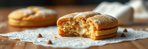 Delicious pastry filled with cream displayed on a lace doily in a cozy setting photo
