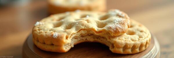 Freshly baked cookies on a wooden plate close up highlighting soft texture and subtle sweetness photo