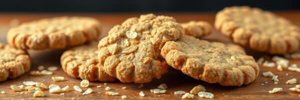 Freshly baked oatmeal cookies arranged on a wooden table with scattered oats photo