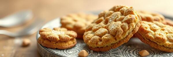 Delicious homemade cookies arranged on a decorative plate with a rustic wooden background photo