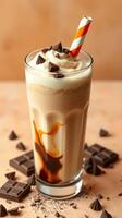Creamy chocolate milkshake topped with whipped cream and chocolate chips served in a tall glass photo