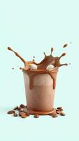 Chocolate milkshake splashes from a cup surrounded by coffee beans on a light background photo