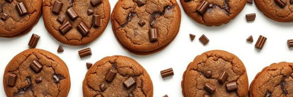 Delicious chocolate chip cookies arranged neatly on a white surface ready for enjoyment photo