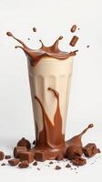 Delicious chocolate shake with chocolate splashes and pieces surrounding the glass on a white background photo