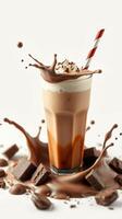 Delicious chocolate milkshake with whipped cream and a straw surrounded by chocolate splashes and brownies photo