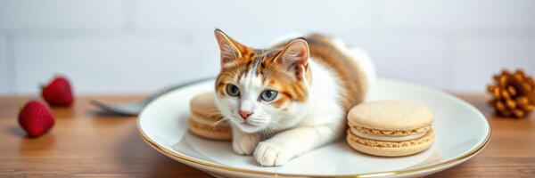 Cat lounging on a plate with macarons and decorative items during a cozy indoor setting photo