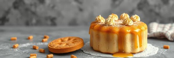 Delicious caramel cake beautifully presented on a simple countertop with scattered candy pieces photo
