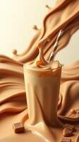 Creamy caramel milkshake with swirling caramel sauce in a dynamic arrangement photo