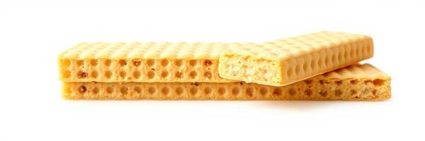 Crunchy wafers stacked on a clean surface with one piece partially bitten during a casual snack time photo