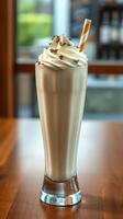 Indulgent milkshake topped with whipped cream and chocolate shavings served in a tall glass photo