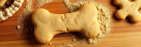 Delicious dog biscuits shaped like bones on a wooden surface with crumbs photo