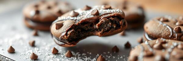 Delicious chocolate sandwich cookies with a bite taken out, sprinkled with chocolate chips on a kitchen countertop photo