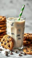 Delicious iced coffee served with chocolate chip cookies for a cozy afternoon snack at home photo
