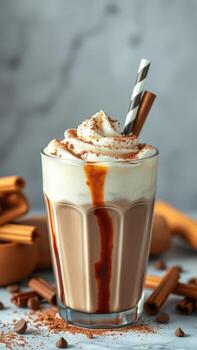 Delicious iced chocolate drink topped with whipped cream and cocoa served with a striped straw photo