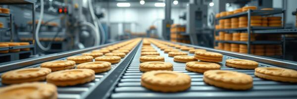 Production process of golden cookies moving along the conveyor belt in a large factory setting photo