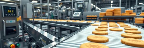 Cookies being produced on an assembly line in a modern food manufacturing facility photo