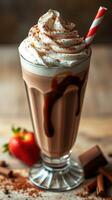 Delicious chocolate milkshake topped with whipped cream and chocolate drizzle served with a strawberry photo