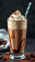 Delicious chocolate milkshake with whipped cream and chocolate drizzle served in a tall glass photo