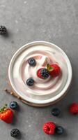 Creamy yogurt topped with fresh berries on a gray surface in a cozy setting photo