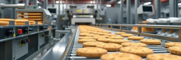 Cookies on conveyor belt in a bakery during the production process in a modern manufacturing facility photo