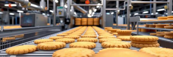 Cookies moving along a production line in a large factory during the daytime photo