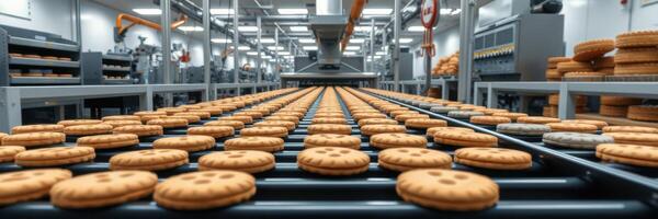 Production line of cookies in a large manufacturing facility during daytime photo