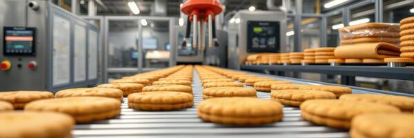 Automation in a cookie production line with cookies neatly arranged ready for packaging photo