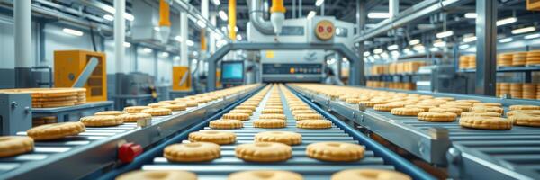 Production of cookies on a conveyor belt in a modern factory during daylight hours photo