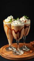 Creamy coffee desserts served in elegant glasses with chocolate drizzle and mint garnish on a wooden platter photo